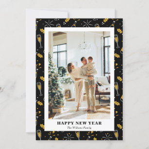 Elegant Modern Black Gold Photo New Year Card