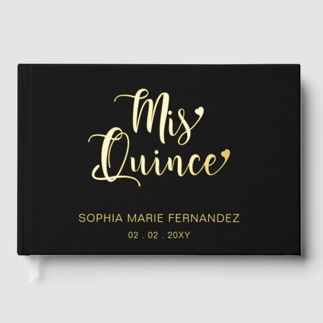Elegant Modern Black Gold Photo Quinceañera Guest Book (Front)
