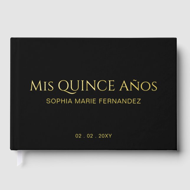 Elegant Modern Black Gold Quinceañera Guest Book (Front)