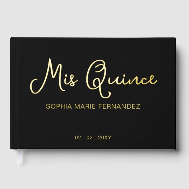 Elegant Modern Black Gold Quinceañera Guest Book (Front)