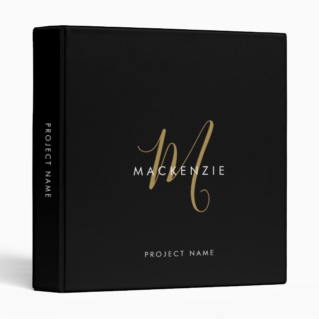 Elegant Modern Black Gold Script Monogram Binder (Front/Spine)