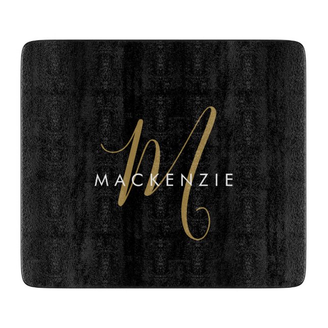 Elegant Modern Black Gold Script Monogram Cutting Board (Front)