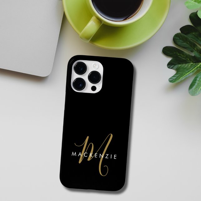 Elegant Modern Black Gold Script Monogram iPhone Case (Creator Uploaded)