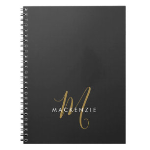 Elegant Modern Black Gold Script Monogram Notebook