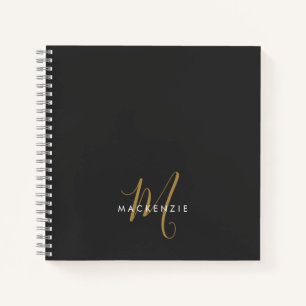 Elegant Modern Black Gold Script Monogram Notebook