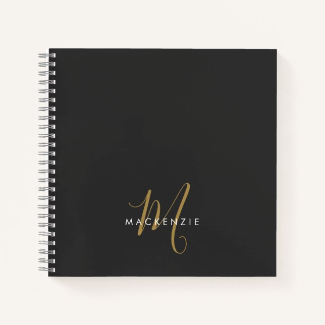 Elegant Modern Black Gold Script Monogram Notebook (Front)
