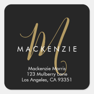 Elegant Modern Black Gold Script Monogram Square Sticker