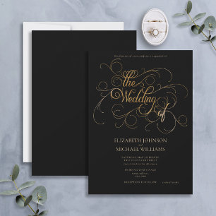 Elegant Modern Black & Gold Script Wedding Invitation