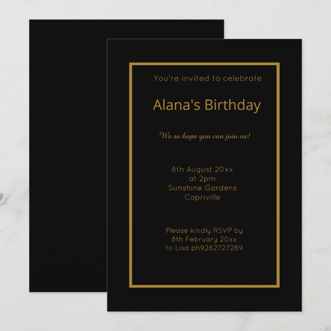ELEGANT MODERN BLACK GOLD SIMPLE ALL OCASSION INVITATION (Front/Back)