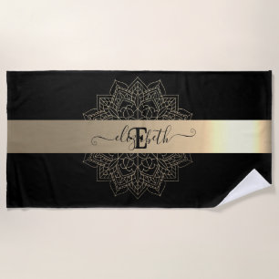 Elegant Modern Black Gold  Stripe Floral Mandala  Beach Towel