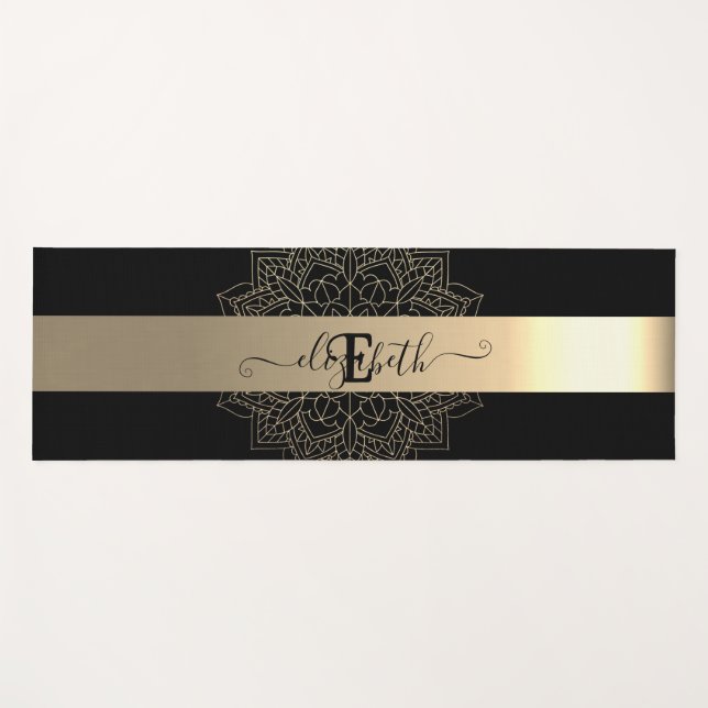 Elegant Modern Black Gold  Stripe Floral Mandala Yoga Mat (Front (Horizontal))