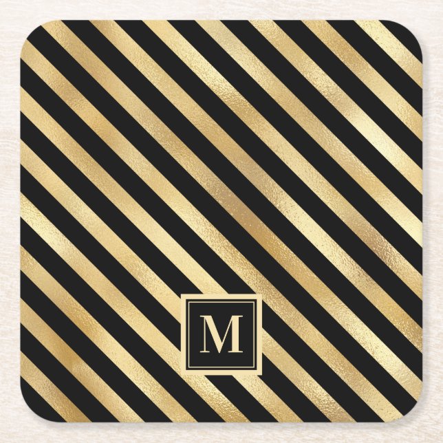 Elegant Modern Black Gold Stripes Monogram Square Paper Coaster (Front)