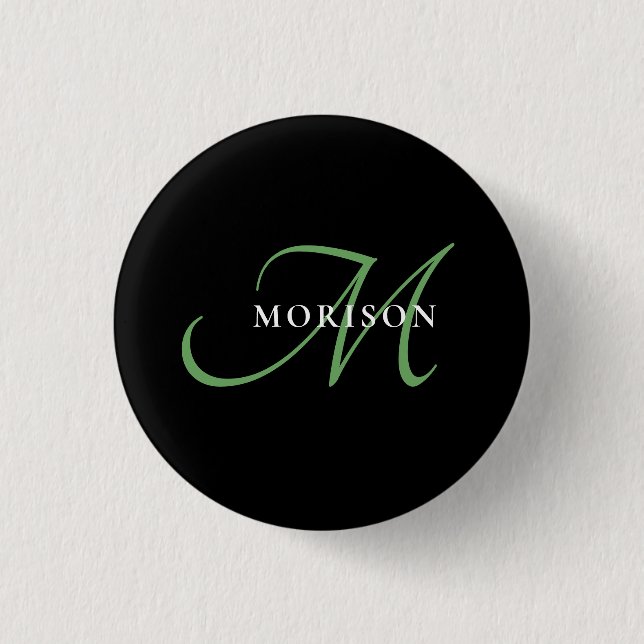 Elegant Modern Black Green Script Monogram 1 Inch Round Button (Front)