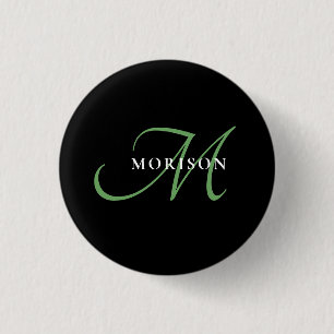 Elegant Modern Black Green Script Monogram 1 Inch Round Button