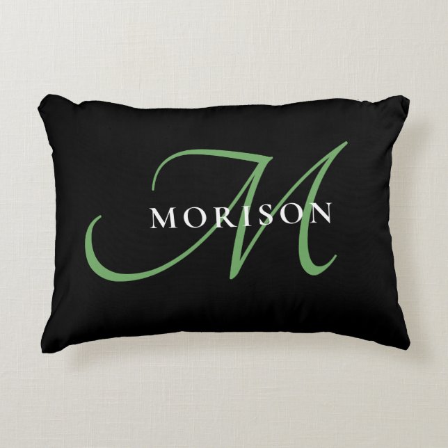 Elegant Modern Black Green Script Monogram Accent Pillow (Front)