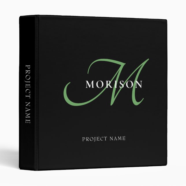 Elegant Modern Black Green Script Monogram Binder (Front/Spine)
