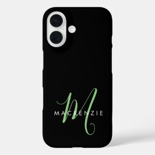 Elegant Modern Black Green Script Monogram iPhone 16 Case