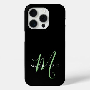 Elegant Modern Black Green Script Monogram iPhone 15 Pro Case