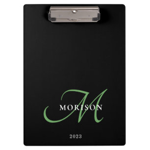 Elegant Modern Black Green Script Monogram Clipboard