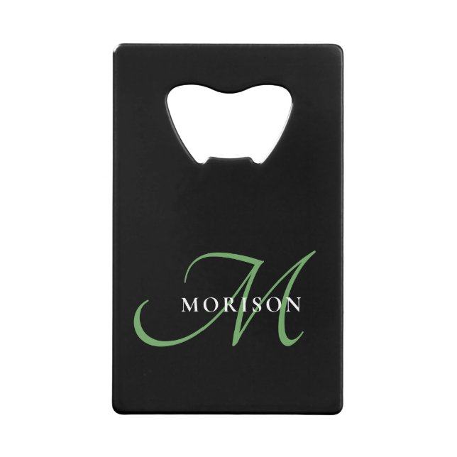Elegant Modern Black Green Script Monogram Credit Card Bottle Opener (Front)