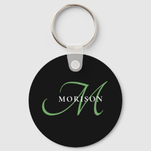 Elegant Modern Black Green Script Monogram Keychain
