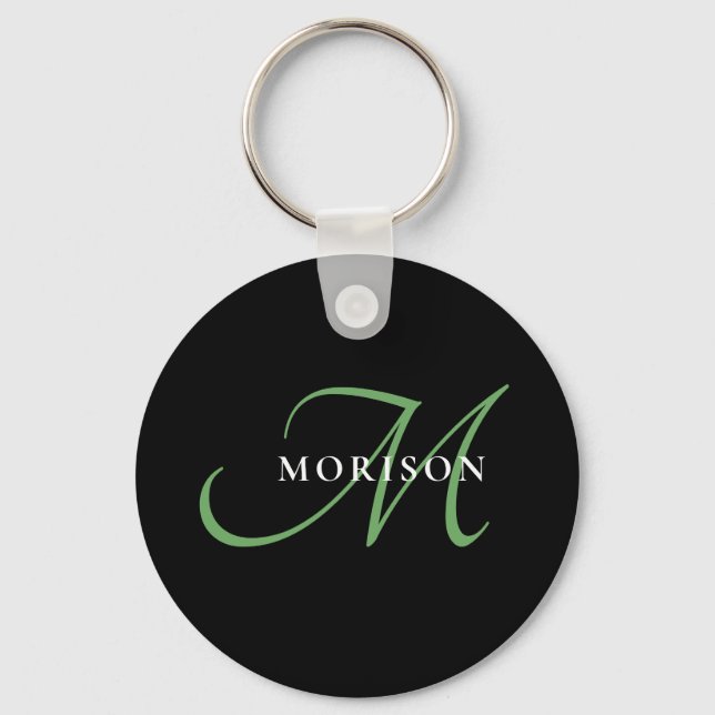 Elegant Modern Black Green Script Monogram Keychain (Front)