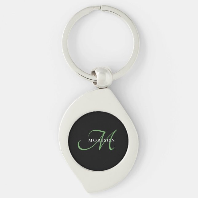 Elegant Modern Black Green Script Monogram Keychain (Front)