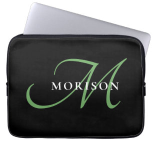 Elegant Modern Black Green Script Monogram Laptop Sleeve