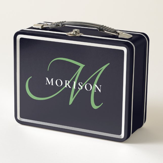 Elegant Modern Black Green Script Monogram Metal Lunch Box (Front)