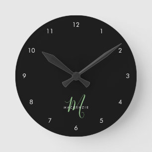 Elegant Modern Black Green Script Monogram Round Clock