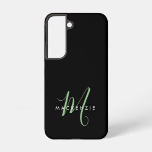 Elegant Modern Black Green Script Monogram Samsung Galaxy Case