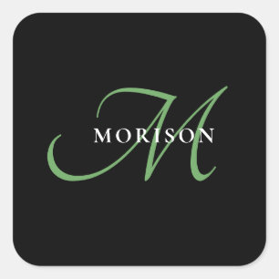Elegant Modern Black Green Script Monogram Square Sticker