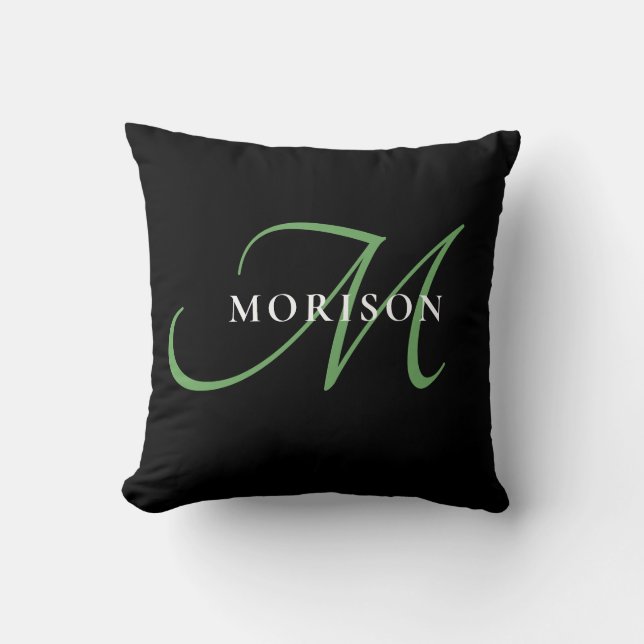 Elegant Modern Black Green Script Monogram Throw Pillow (Front)