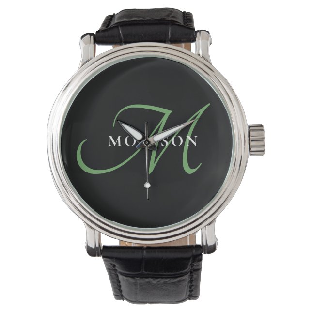 Elegant Modern Black Green Script Monogram Watch (Front)