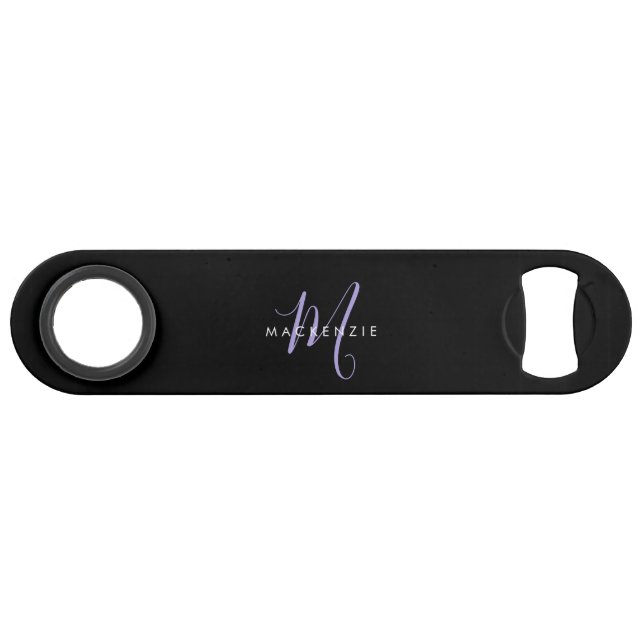 Elegant Modern Black Lavender Script Monogram Bar Key (Front (Horizontal))