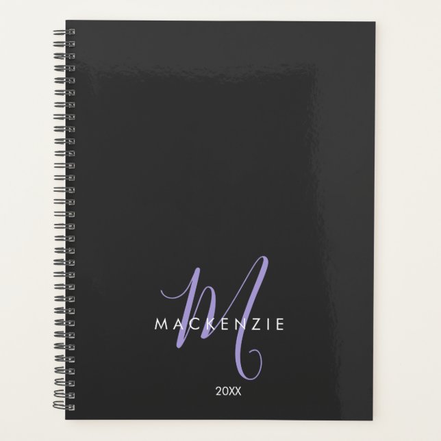 Elegant Modern Black Lavender Script Monogram Planner (Front)