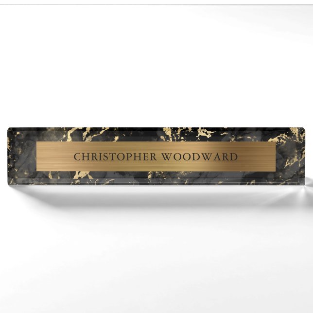 Elegant Modern Black Marble Brushed Gold Foil Nameplate (Front)