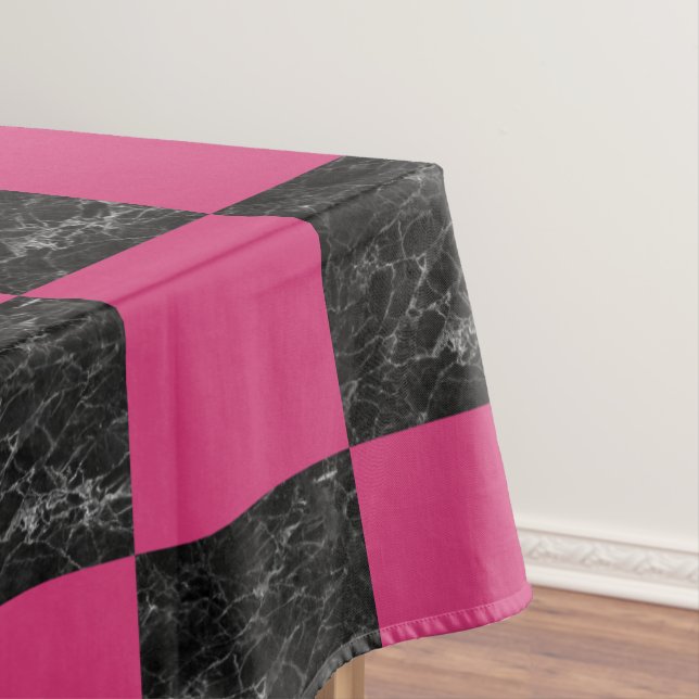 Elegant modern black marble hot pink chequered tablecloth (In Situ)