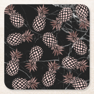 elegant modern black marble rose gold pineapple square paper coaster