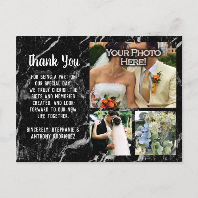 Elegant Modern Black Marble Wedding Thank You Card (Front)