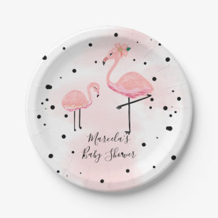 Elegant Modern Black & Pink Flamingo Baby Shower Paper Plate