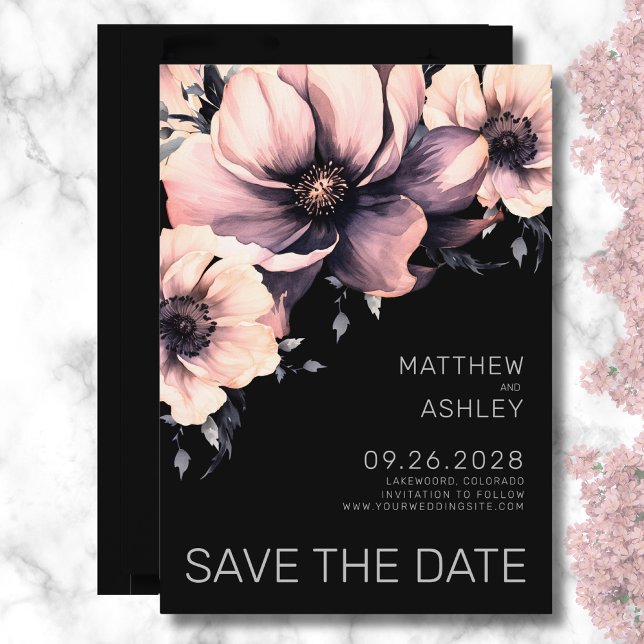 Elegant Modern Black Pink Floral Wedding Save The Date (Modern Floral Black White Wedding Reply RSVP Enclosure Card)