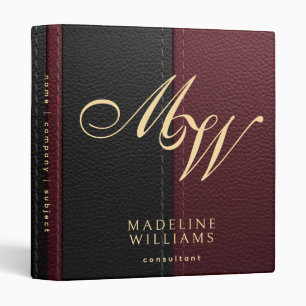Elegant Modern Black Red Leather Print Monogram Binder