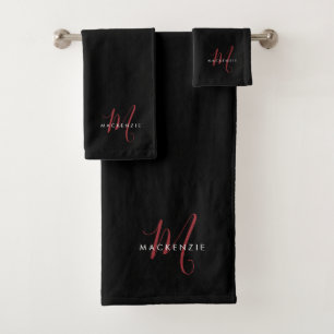 Elegant Modern Black Red Script Monogram Bath Towel Set