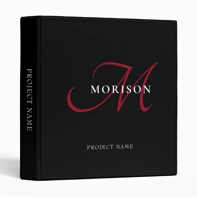 Elegant Modern Black Red Script Monogram Binder (Front/Spine)