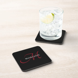 Elegant Modern Black Red Script Monogram Coaster