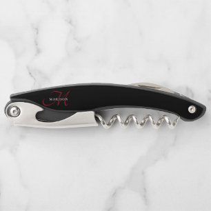 Elegant Modern Black Red Script Monogram Corkscrew