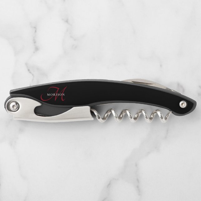 Elegant Modern Black Red Script Monogram Corkscrew (Front)