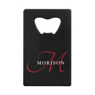 Elegant Modern Black Red Script Monogram Credit Card Bottle Opener