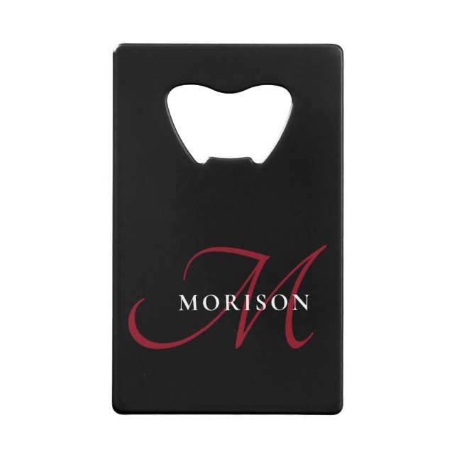 Elegant Modern Black Red Script Monogram Credit Card Bottle Opener (Front)